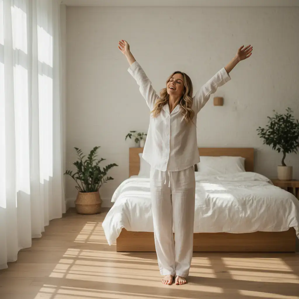 Woman stretching arms feeling rested