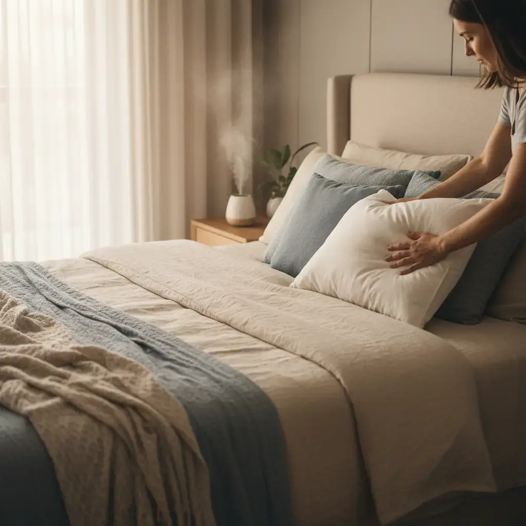 Person organizing sleep environment