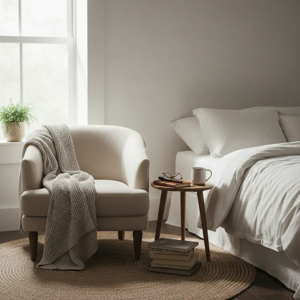A cozy reading corner with a journal